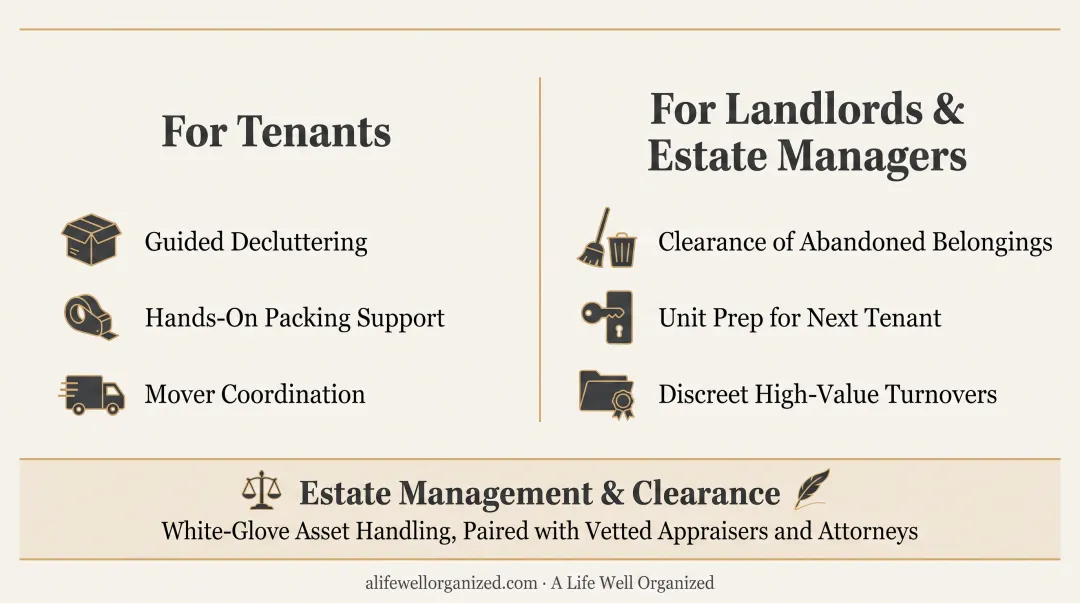 Professional organizing team clearing and preparing apartment unit for new tenant