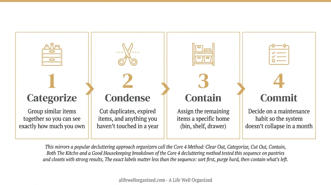 Categorize Condense Contain Commit four step decluttering method infographic