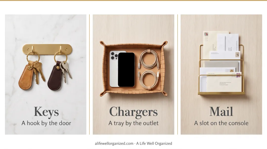 Designated entryway key and mail organization station near front door