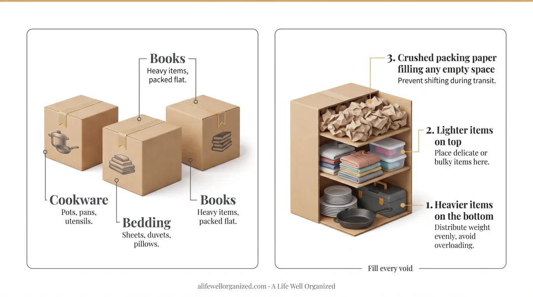 Professional box packing layering technique heavy to light items diagram
