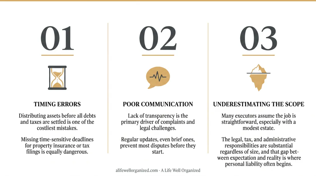 Three most common executor mistakes timing communication and scope underestimation