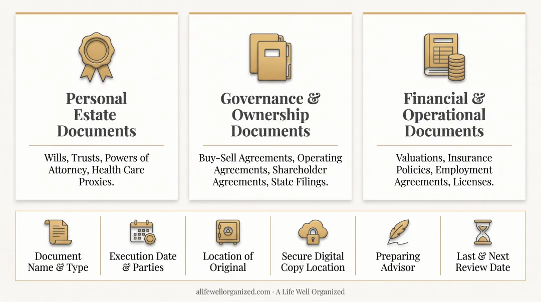 Family business succession document organization system three-category master index