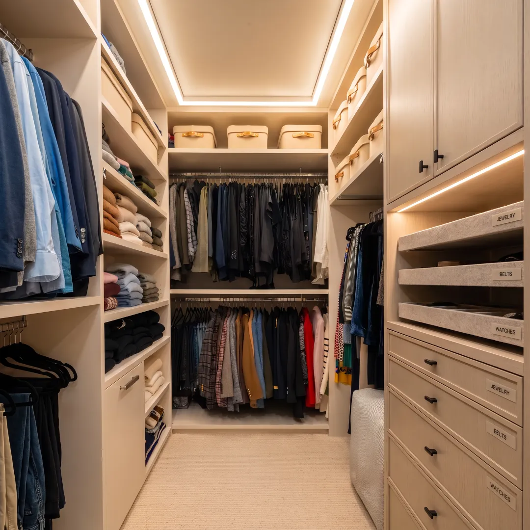Organized luxury closet with custom storage