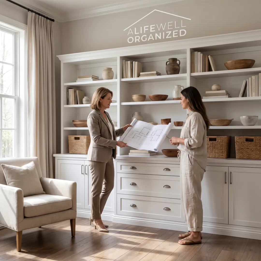Designer reviewing custom storage plans in a luxury home