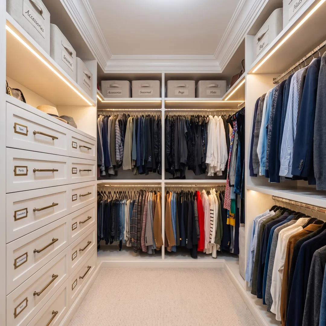 Organized luxury closet with custom storage