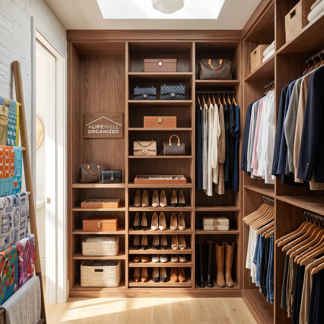 Elegant custom walk-in closet with organized clothing