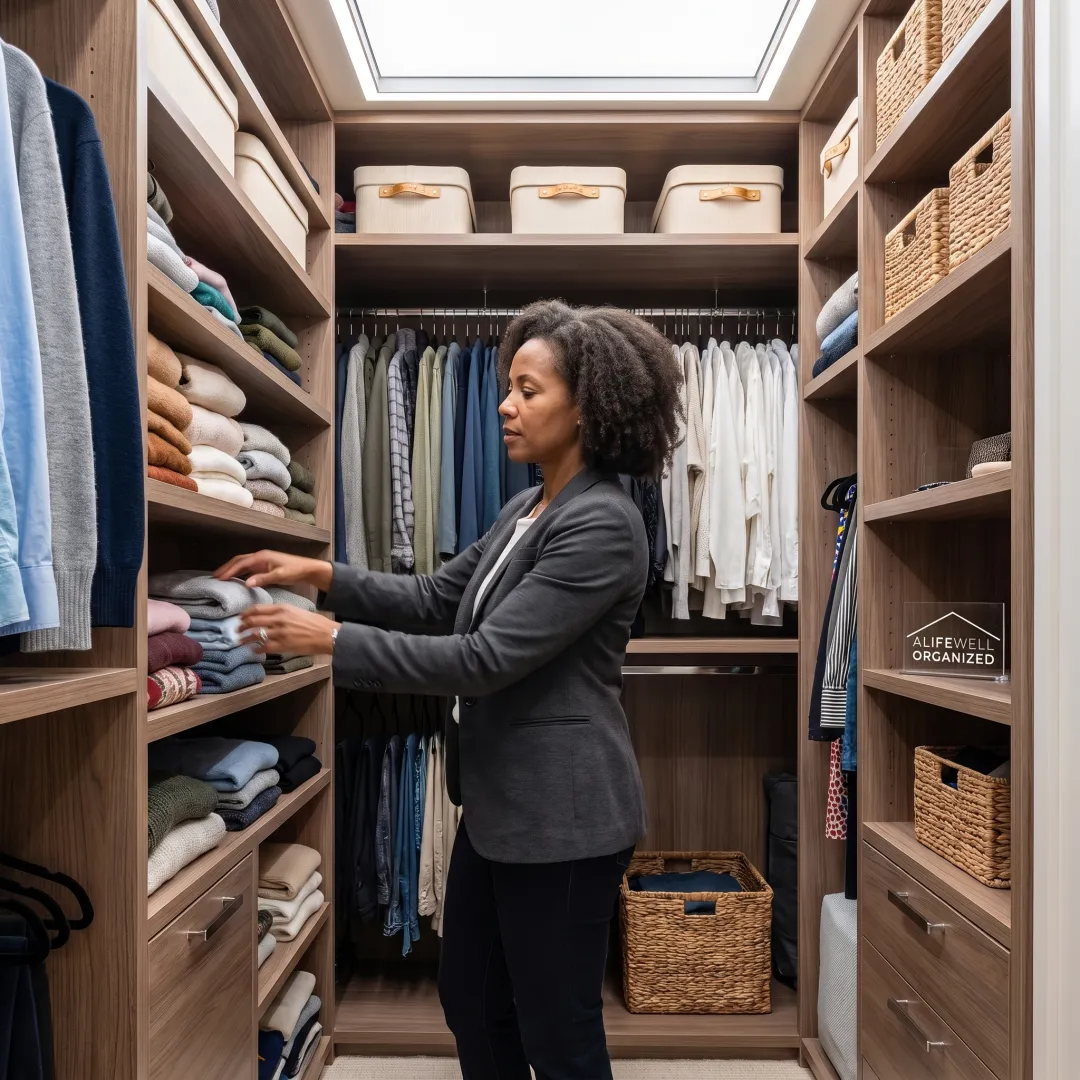 Organizer arranging a luxury closet wardrobe