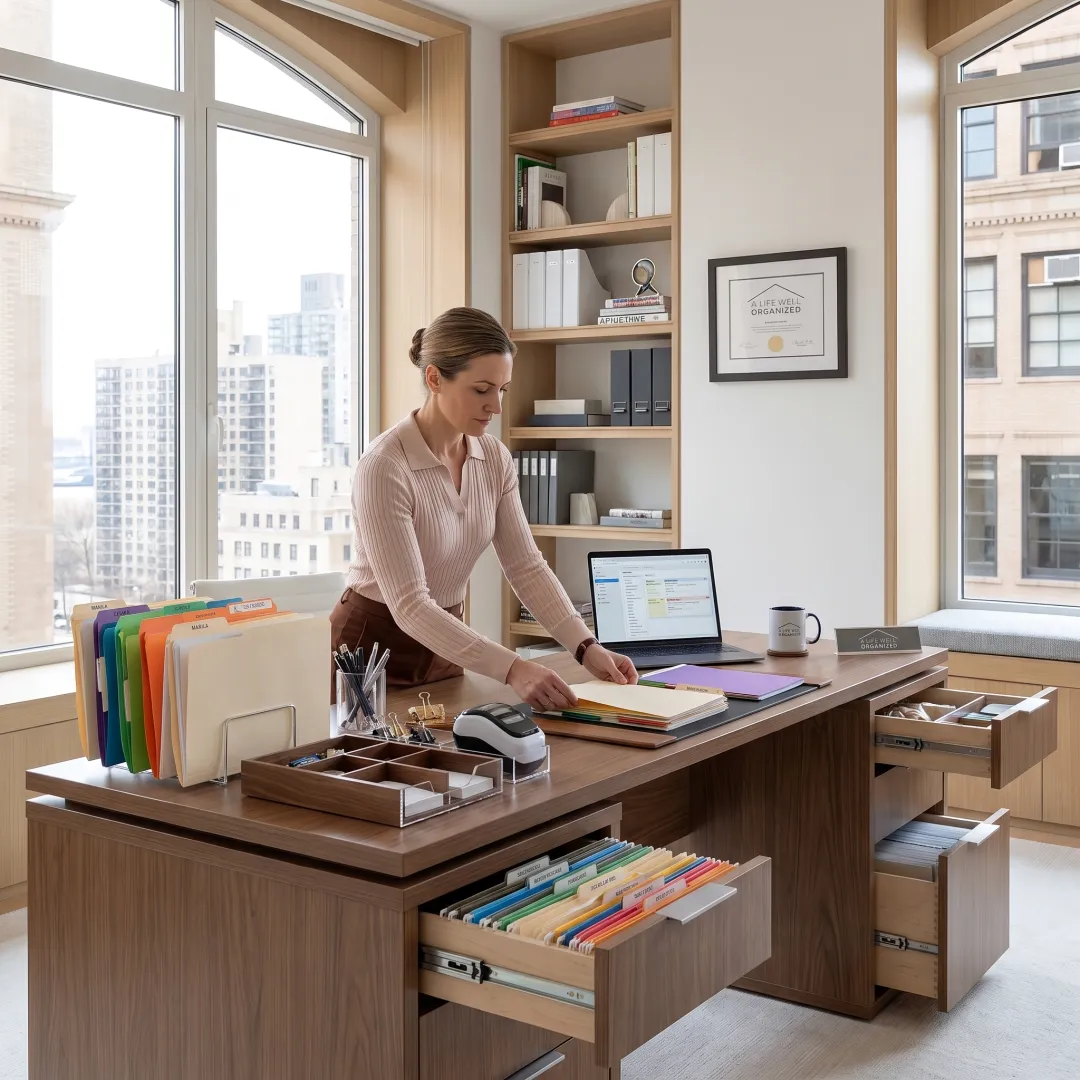 Professional organizer arranging office storage