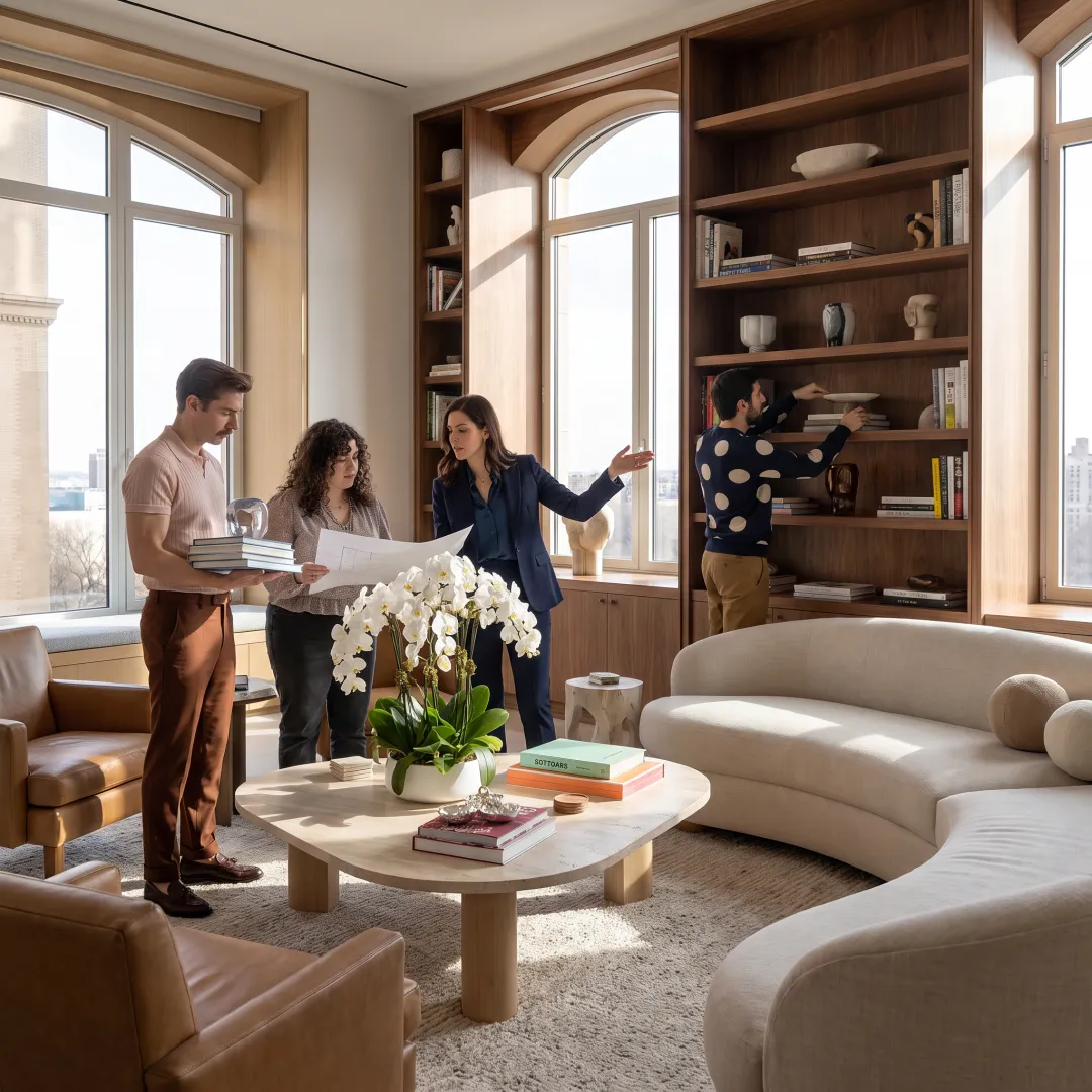 Organized luxury living room with custom storage