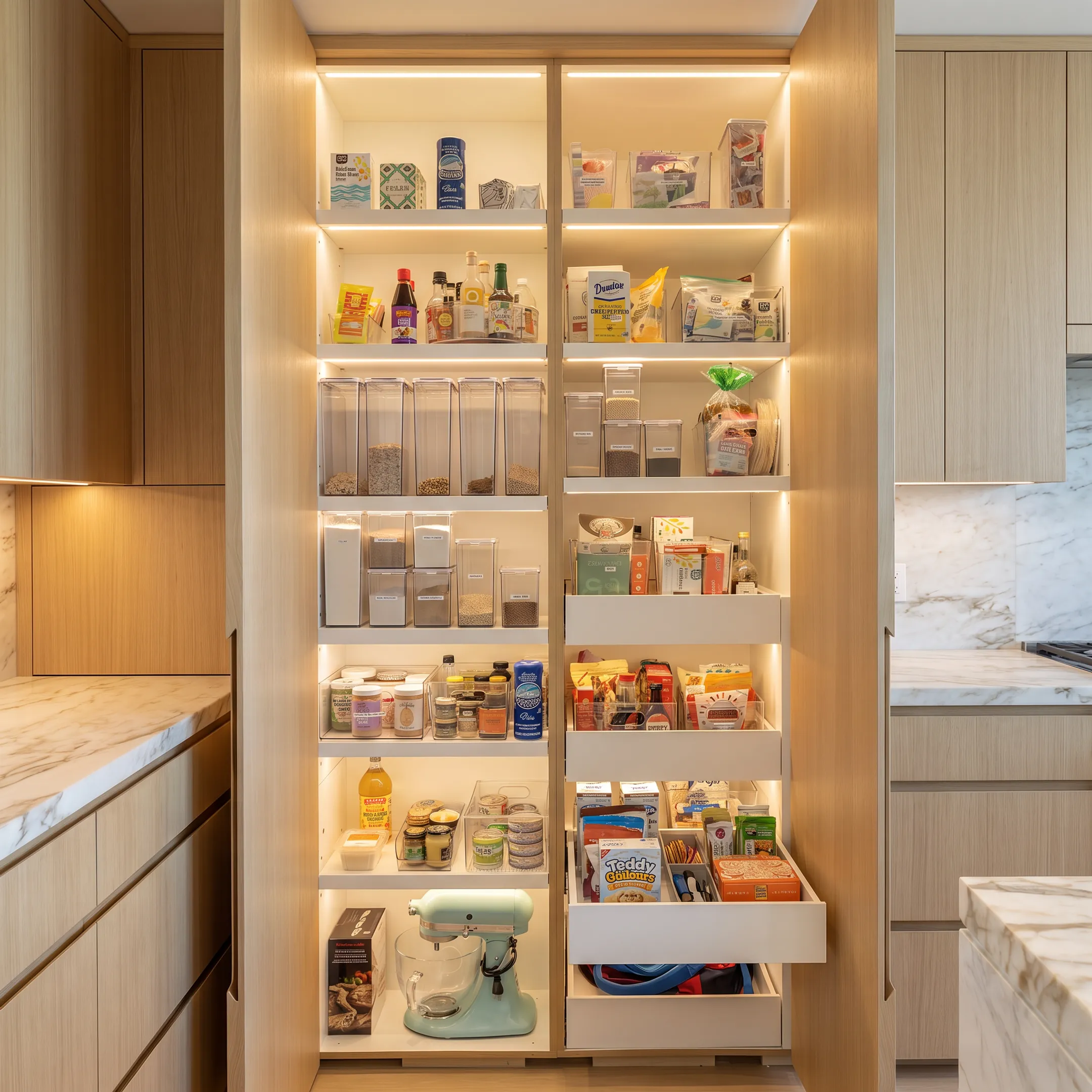 Organized luxury kitchen pantry with labeled storage