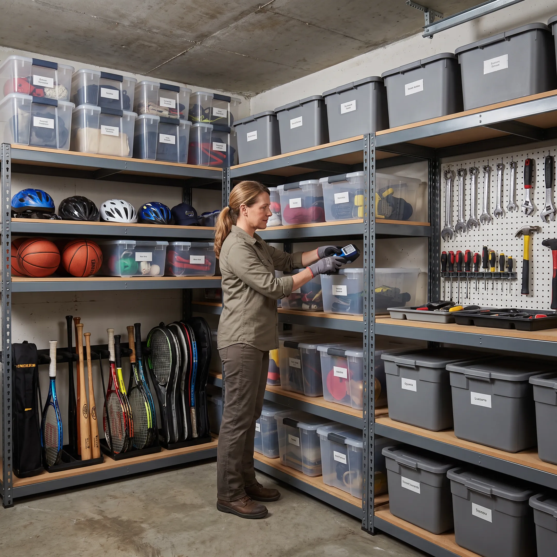 Organizer arranging labeled garage storage bins