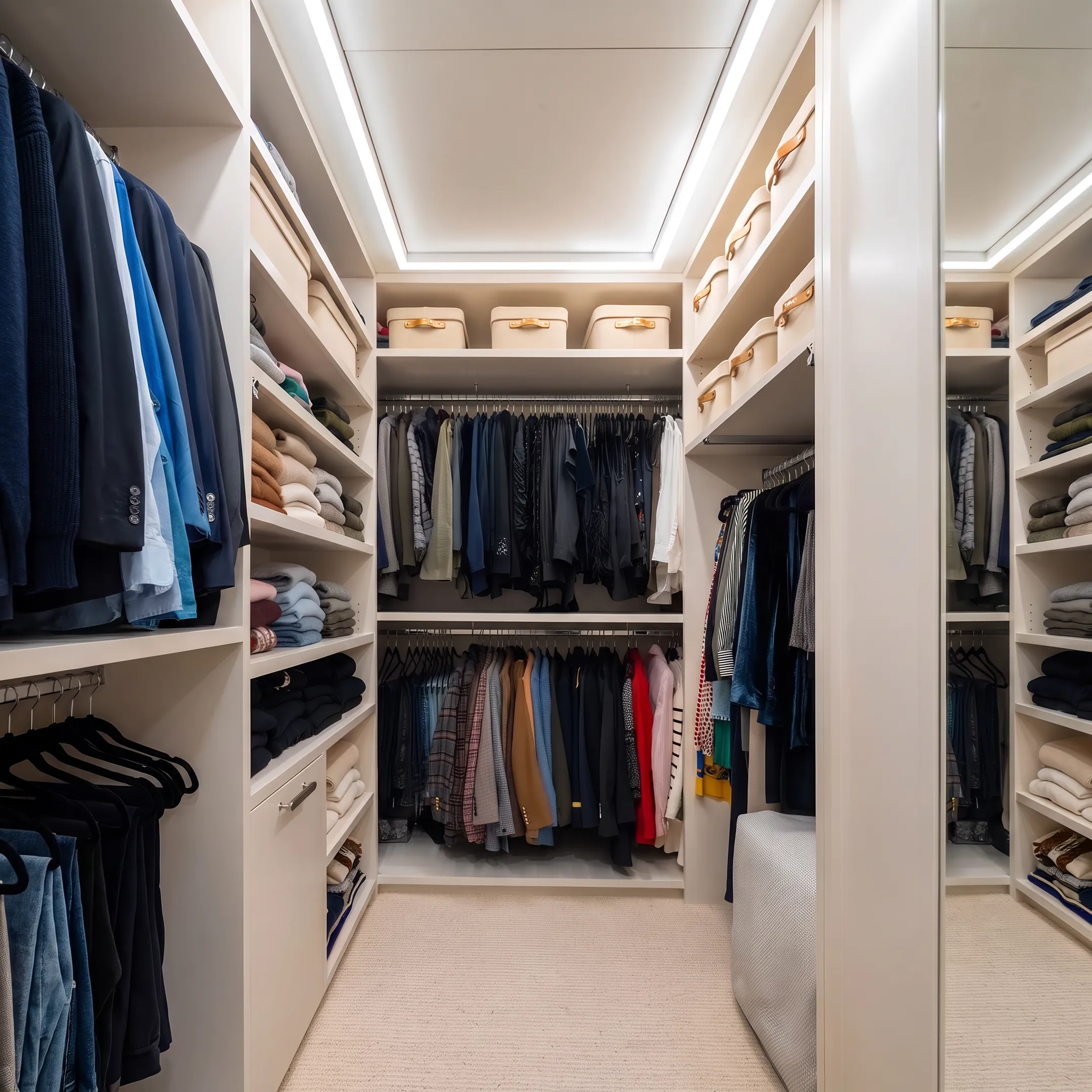 Beautifully organized walk-in wardrobe with custom storage