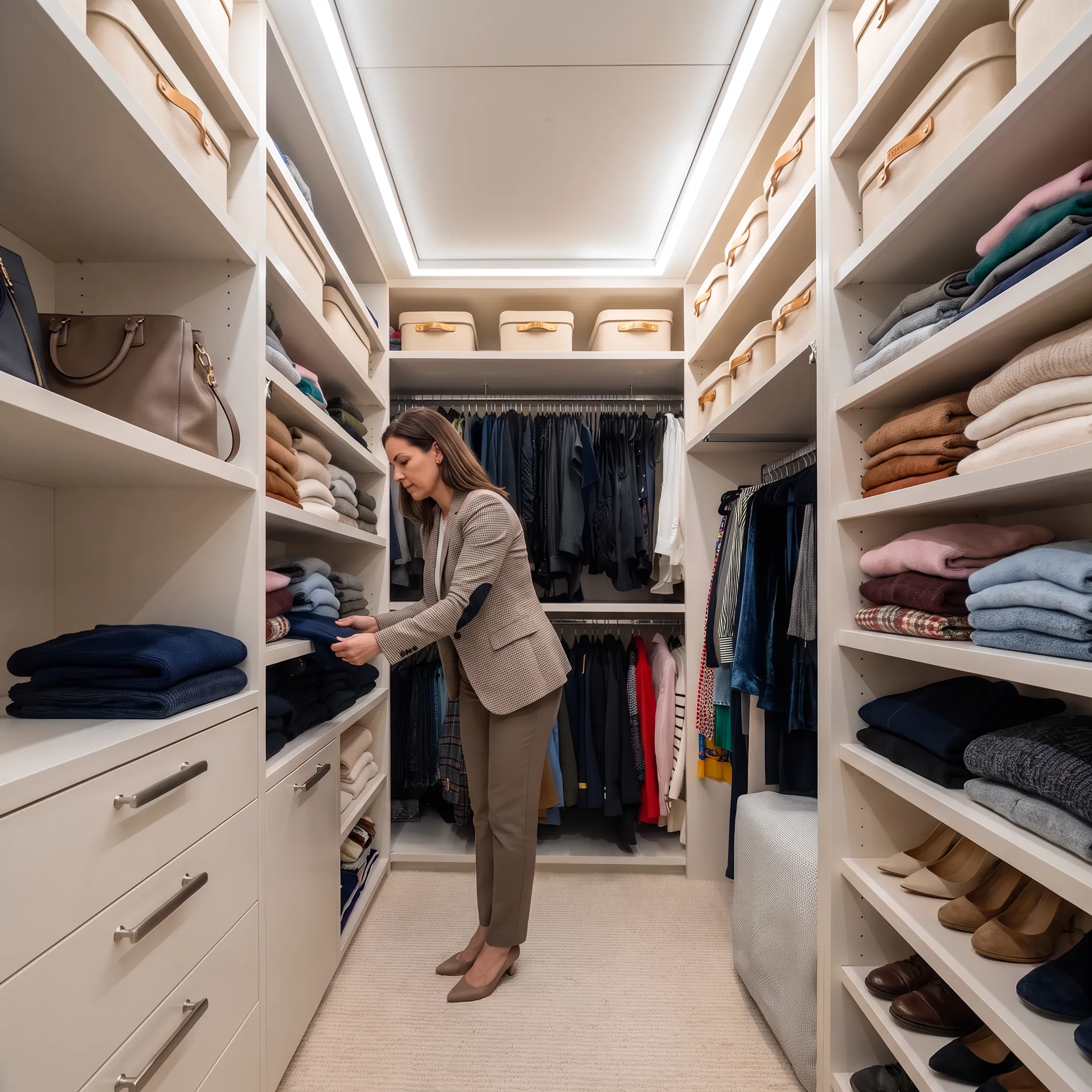 Organizer arranging clothing in a luxury closet