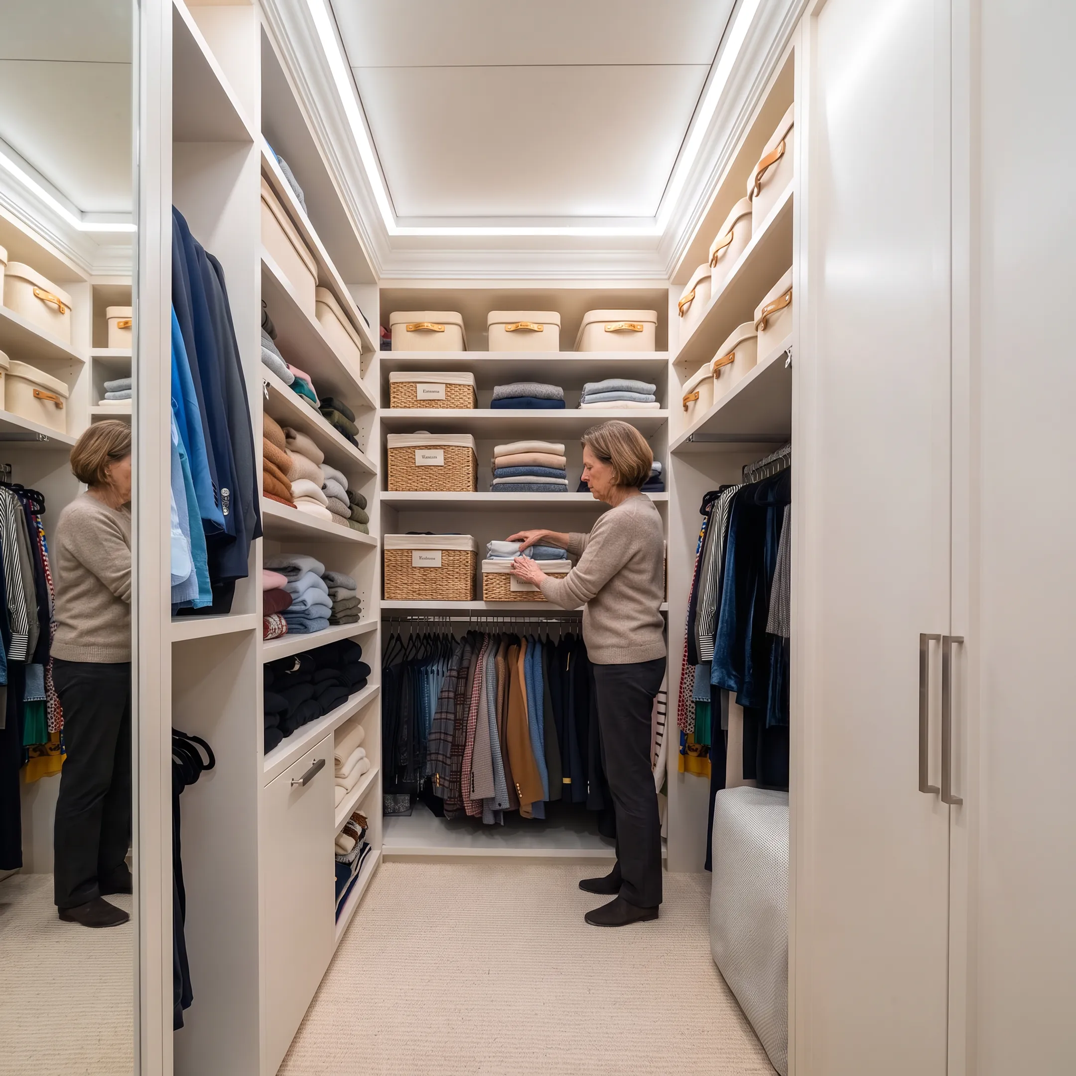 Organizer arranging labeled containers in a luxury closet