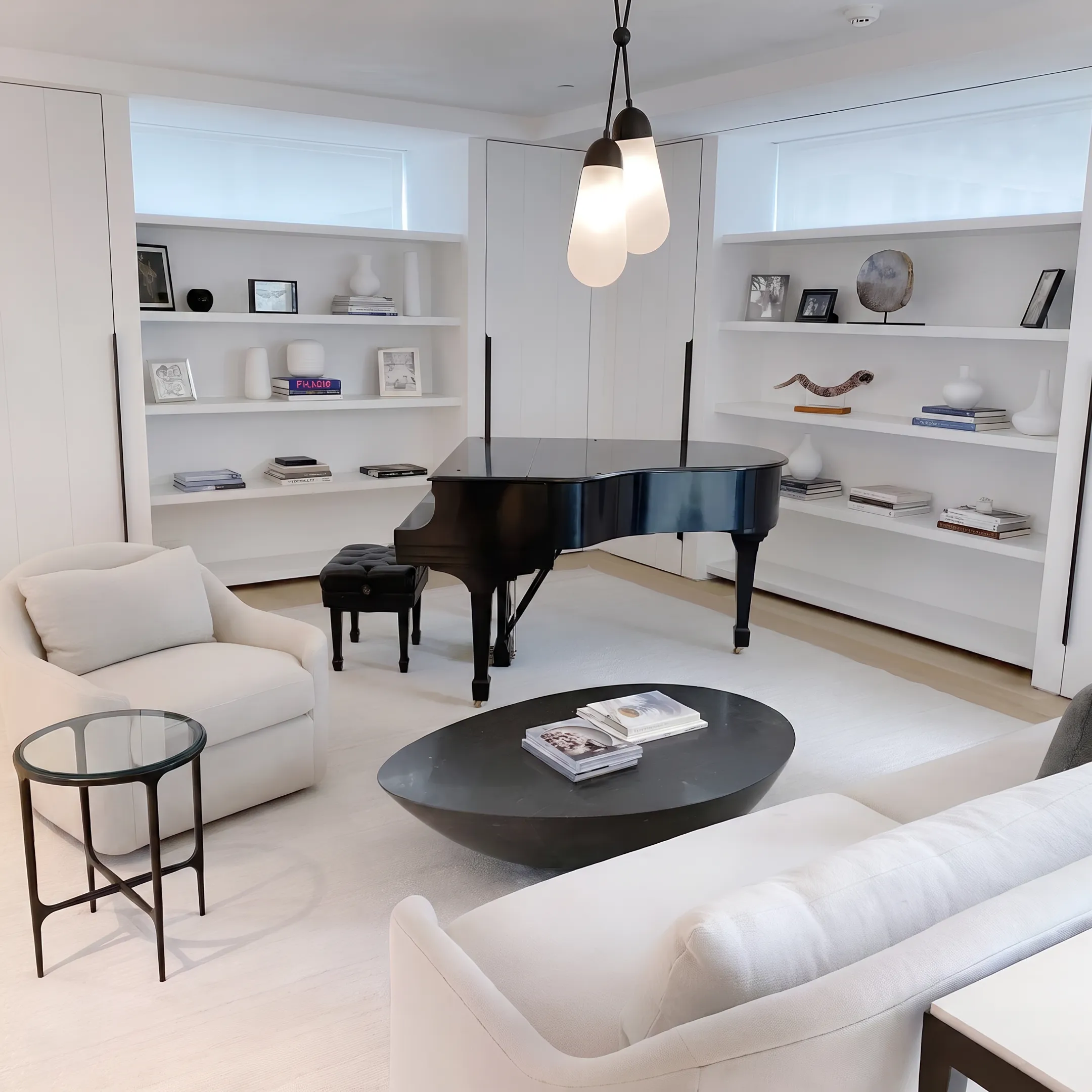 Organized luxury living room with custom storage