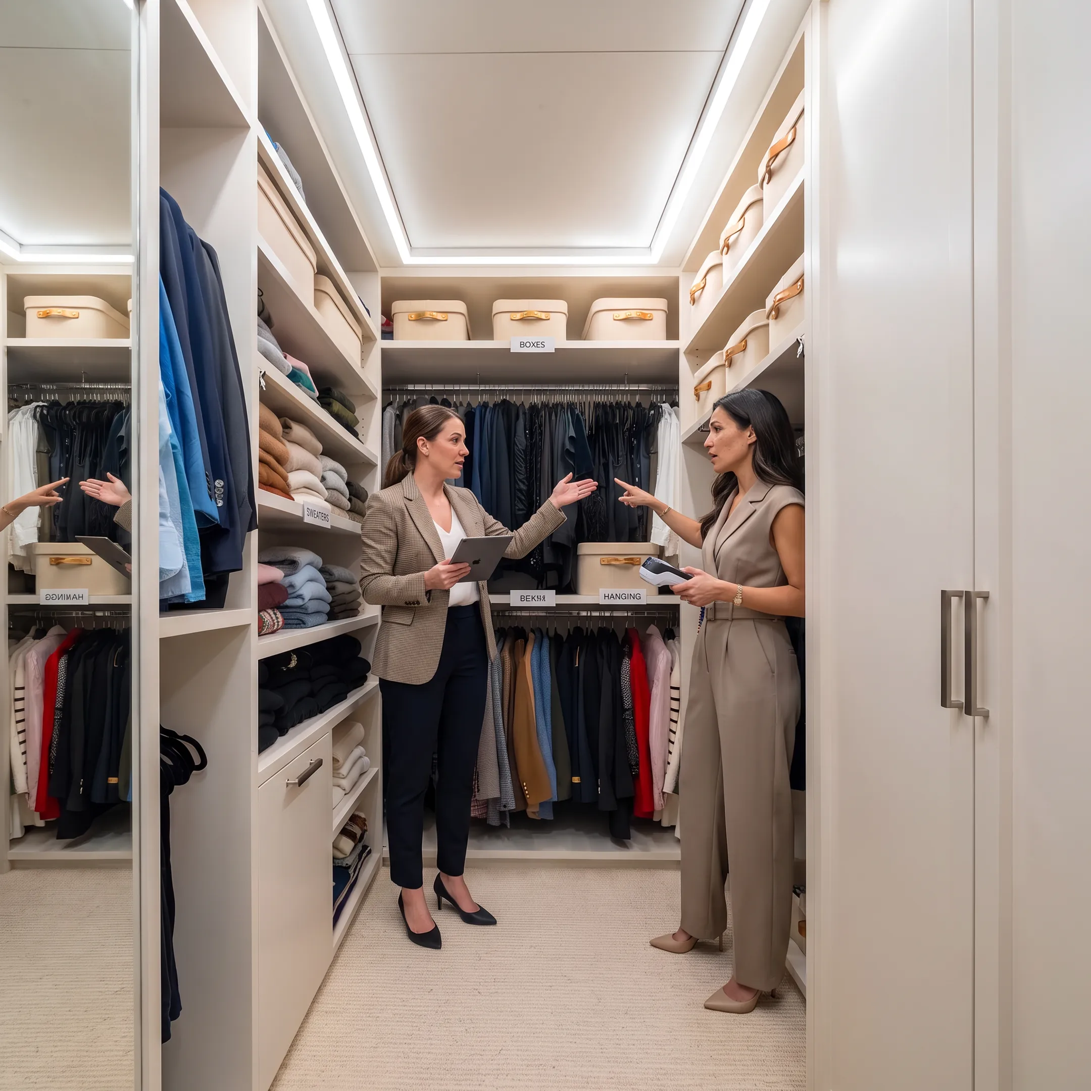 Designer and organizer coordinating a custom storage plan