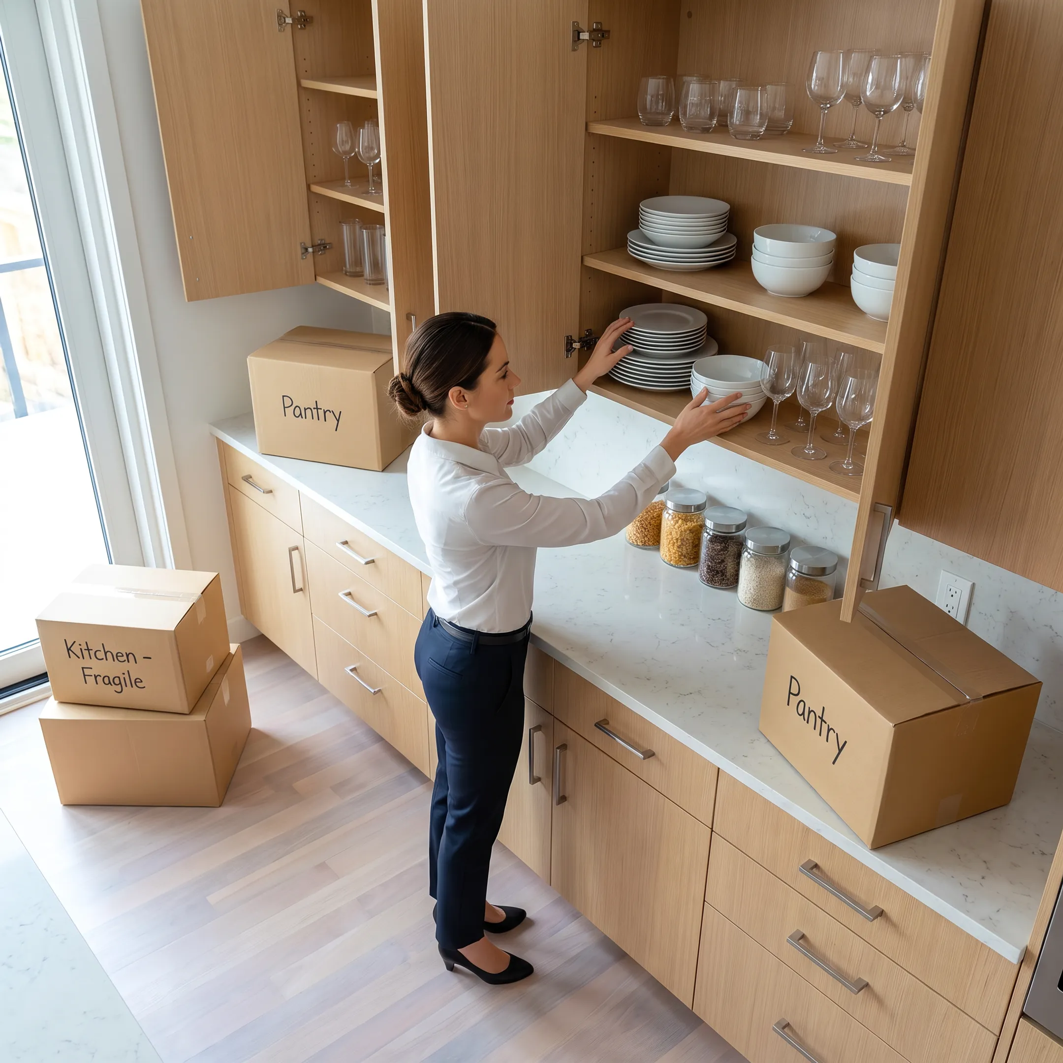 Professional organizer arranging an unpacked kitchen