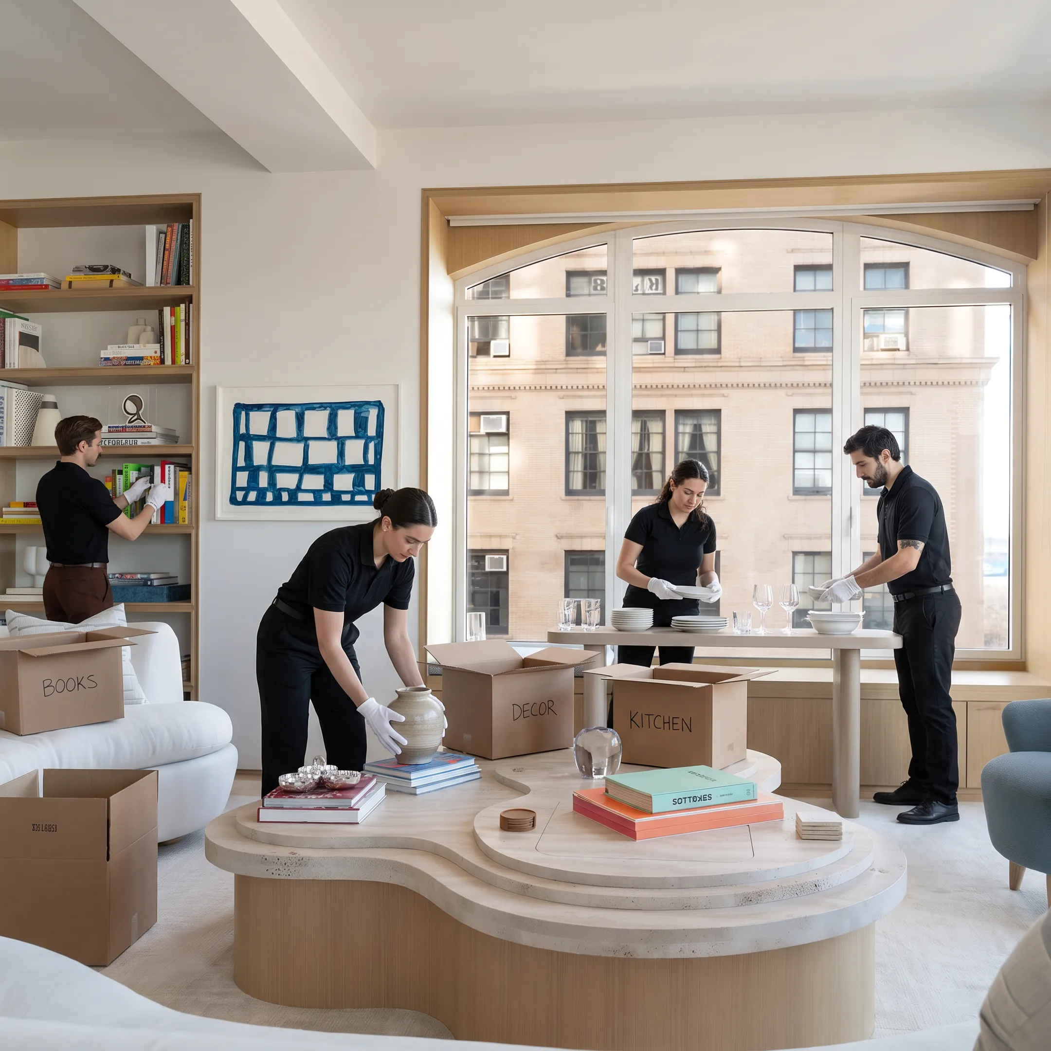 Organizers carefully unpacking and arranging a luxury home