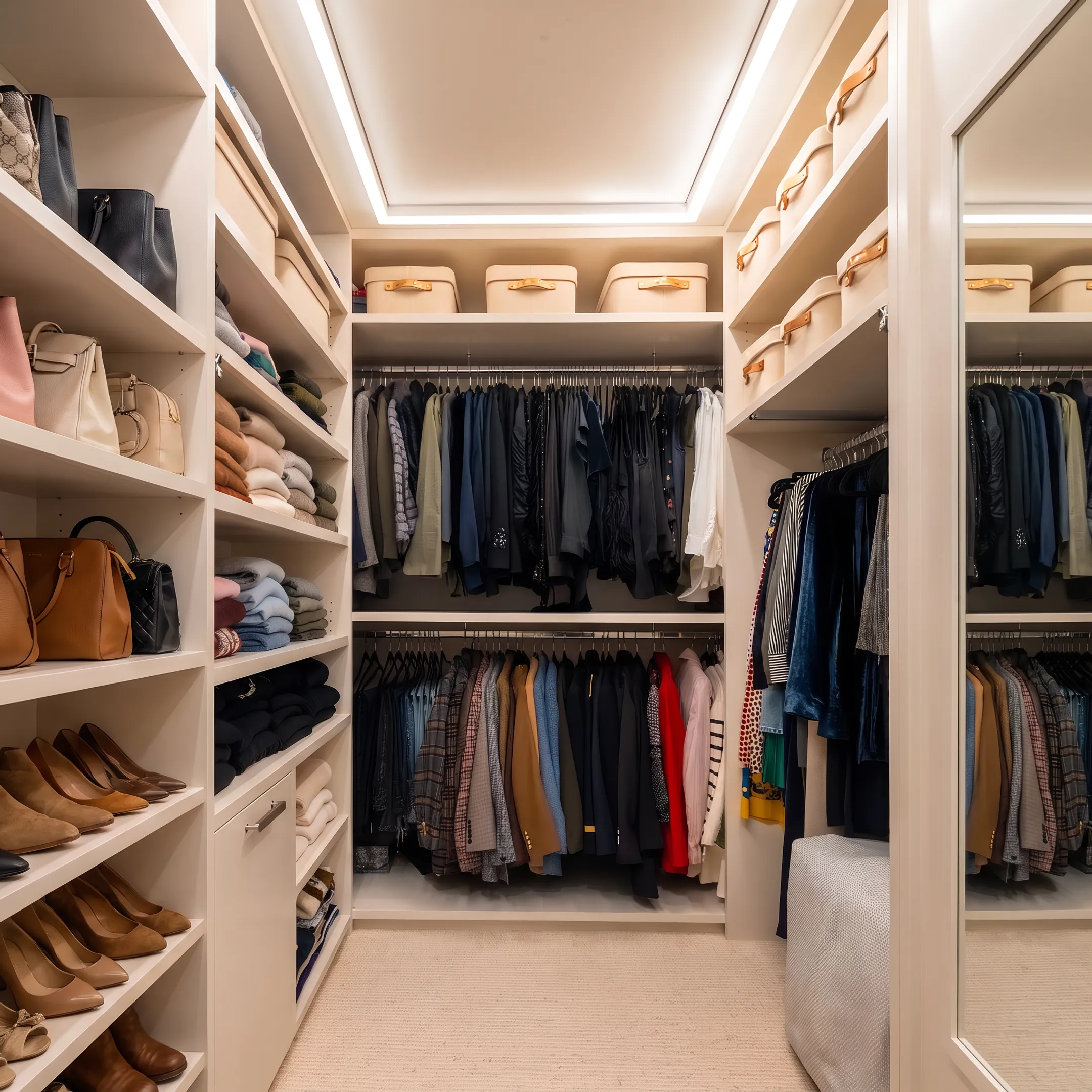 Beautifully styled walk-in closet with coordinated clothing
