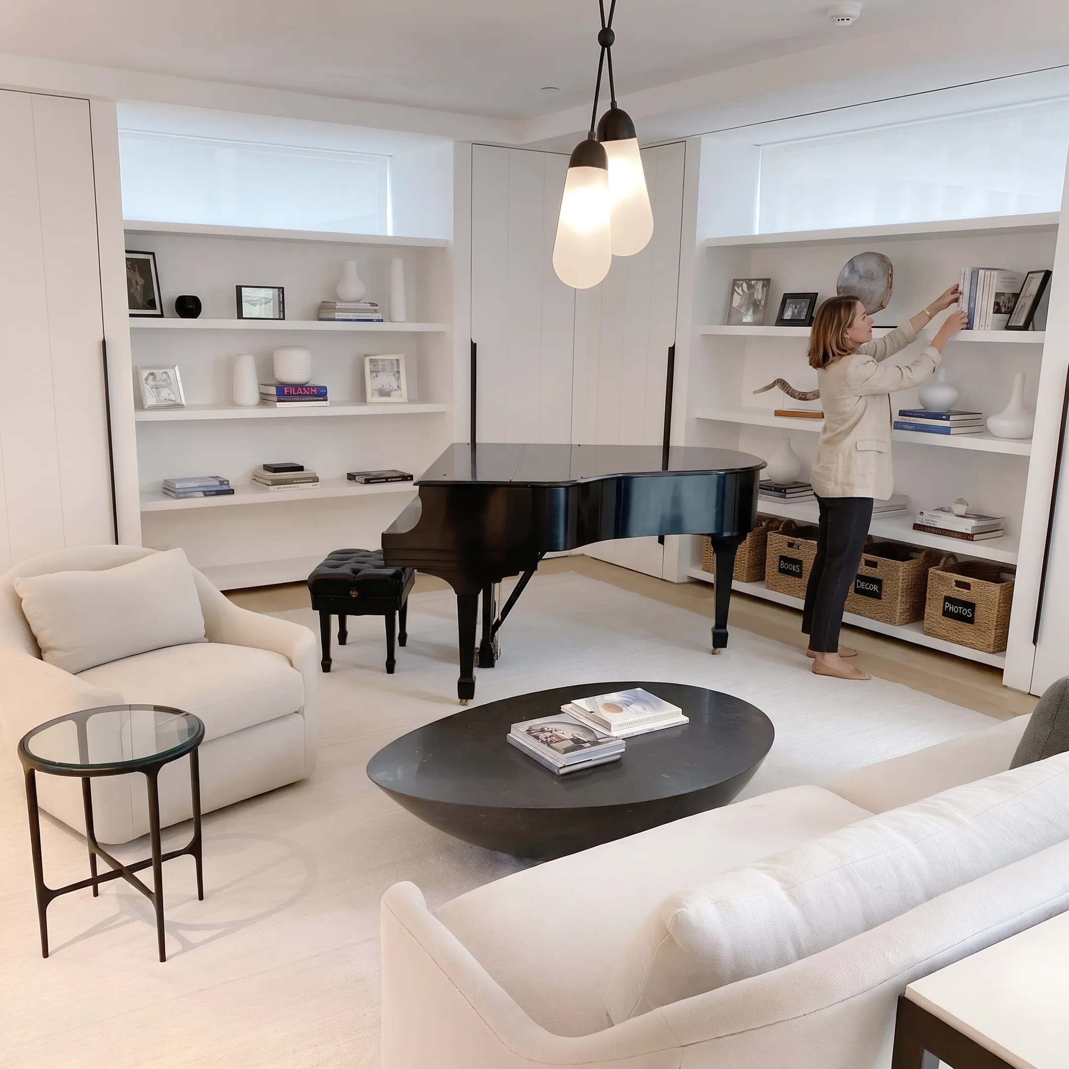 Elegant organized residential living room with custom storage