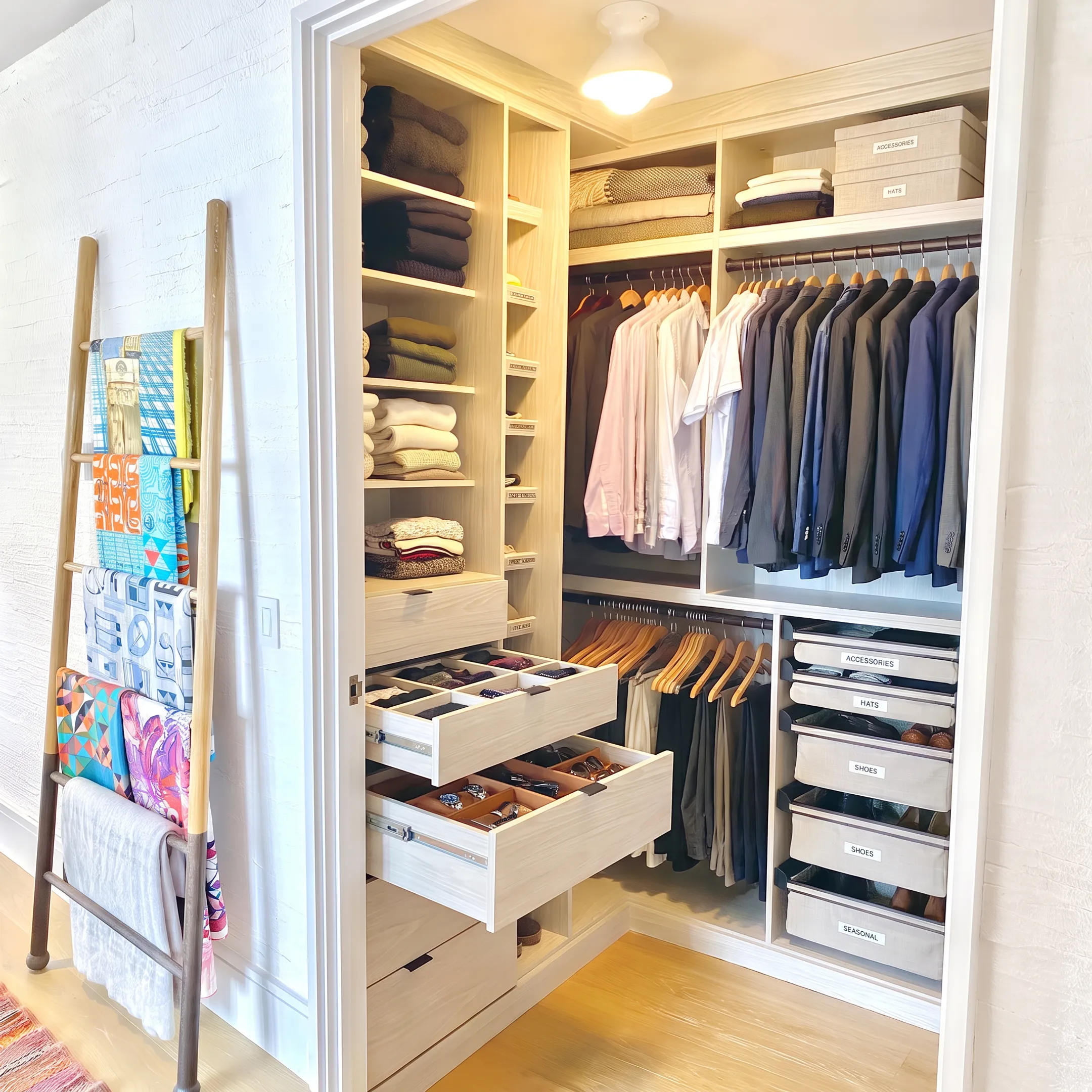 Organized luxury walk-in closet with curated clothing