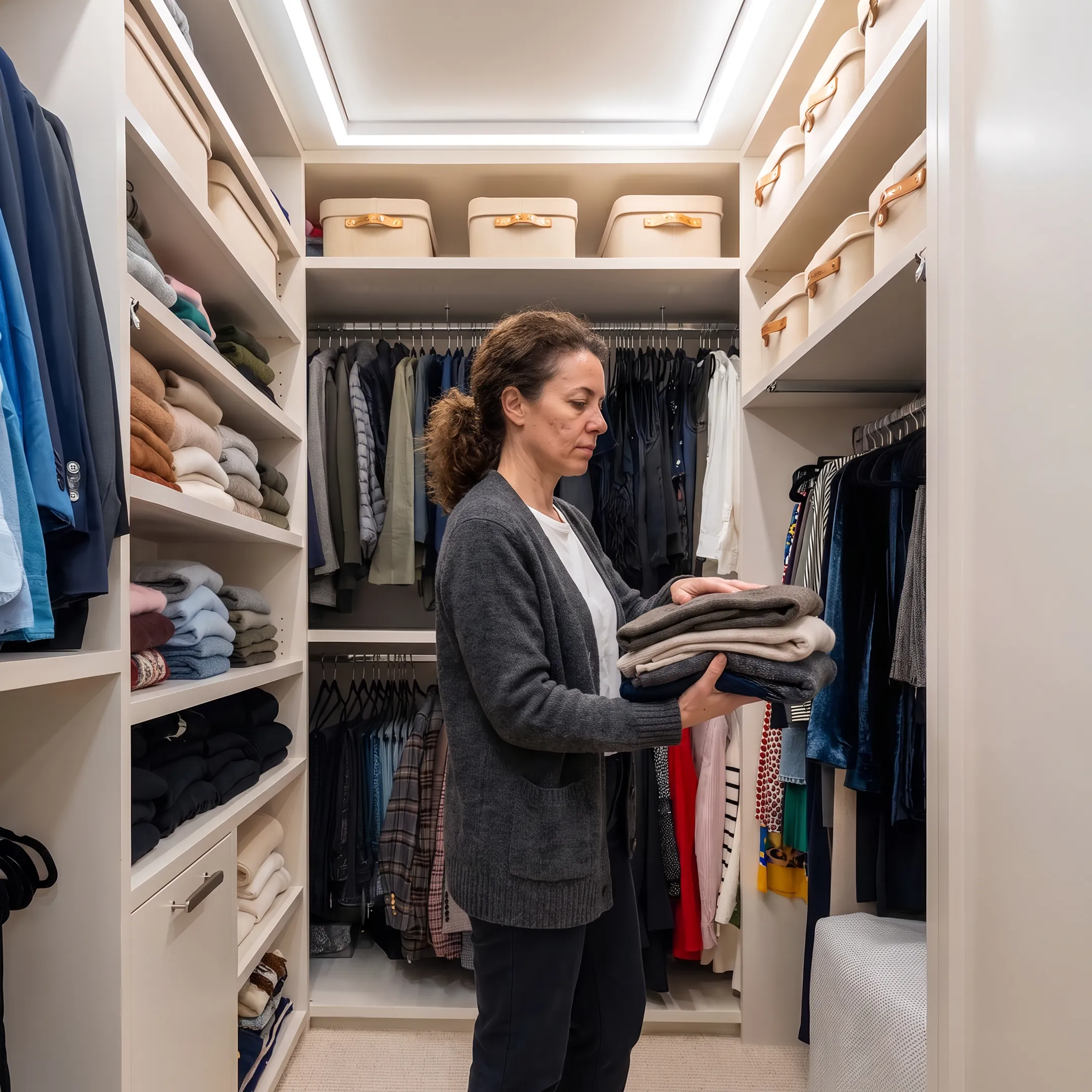 Organizer arranging a refined closet wardrobe