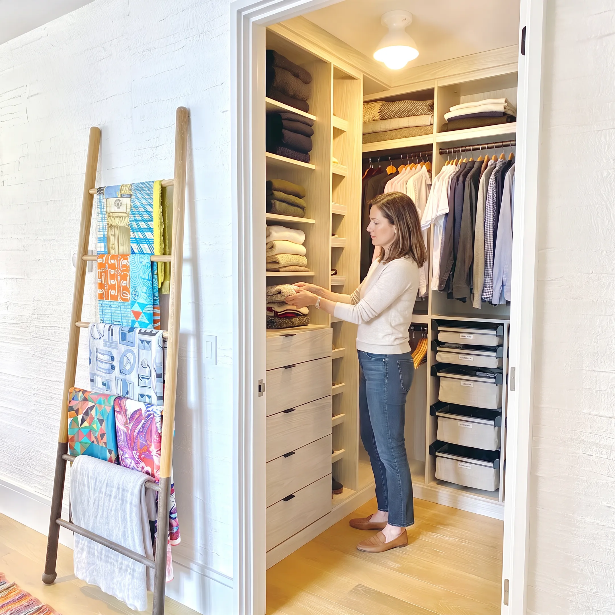 Beautifully organized walk-in closet with curated wardrobe