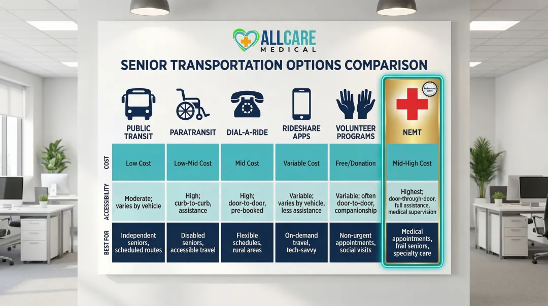 Six senior transportation options comparison chart from public transit to NEMT