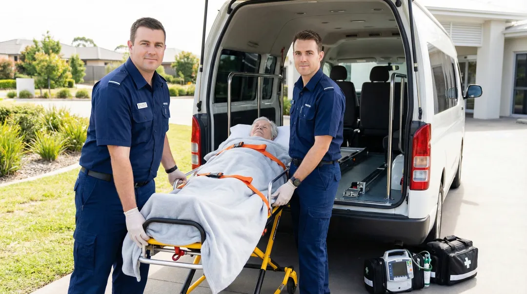 Medical transport staff carefully moving patient on stretcher into specialized transport vehicle