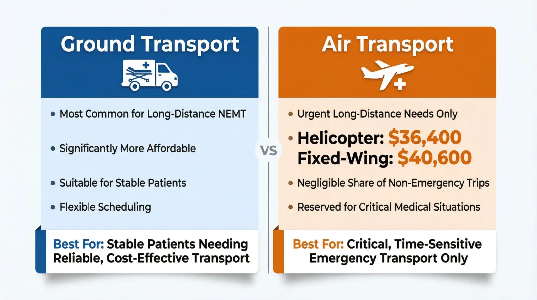 Ground versus air medical transport cost and use case comparison infographic