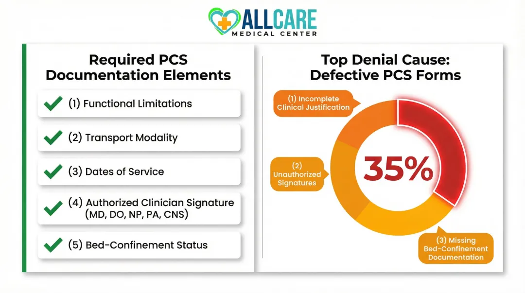 NEMT prior authorization PCS common denial reasons and documentation requirements breakdown
