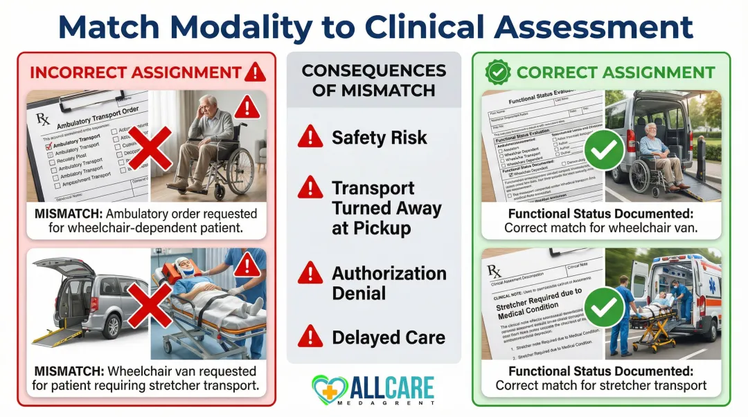 NEMT transport modality mismatch consequences comparison showing correct versus incorrect assignment