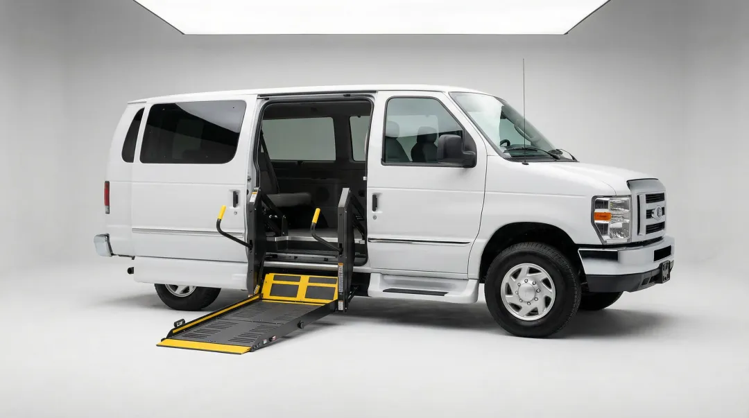 Ford Transit full-size wheelchair accessible van with rear lift system deployed
