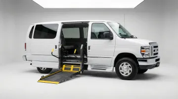 Ford Transit full-size wheelchair accessible van with rear lift system deployed