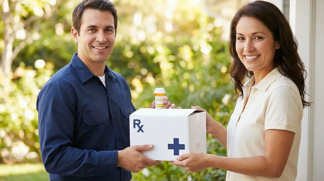 Mail-order pharmacy home delivery packaging for 90-day prescription medication supply