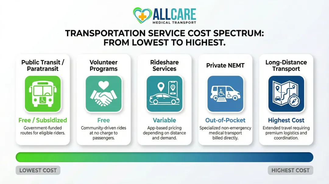 Senior transportation cost comparison by service type from free to out-of-pocket infographic