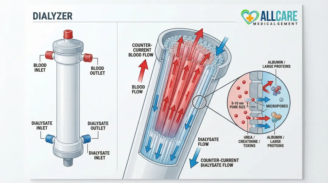 Hemodialysis dialyzer hollow fiber cross-section showing blood and dialysate flow paths