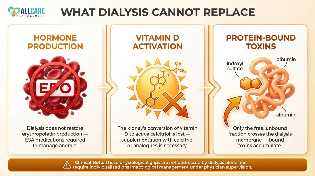 Three dialysis limitations infographic covering hormones vitamin D and protein-bound toxins
