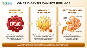 Three dialysis limitations infographic covering hormones vitamin D and protein-bound toxins