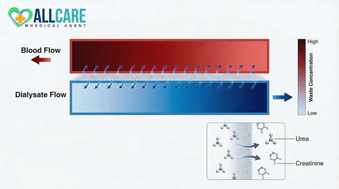 Counter-current flow dialysis diffusion process showing concentration gradient across membrane