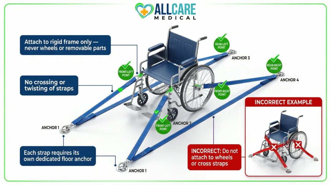 4-point wheelchair tie-down WTORS securement system attachment rules diagram