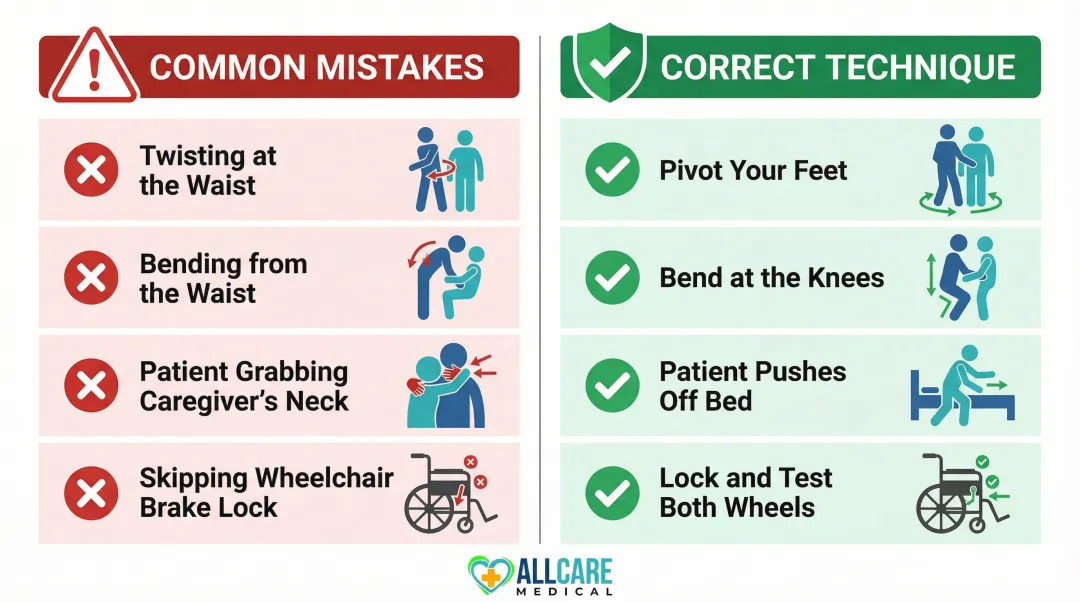 Common patient transfer mistakes versus correct technique side-by-side comparison infographic