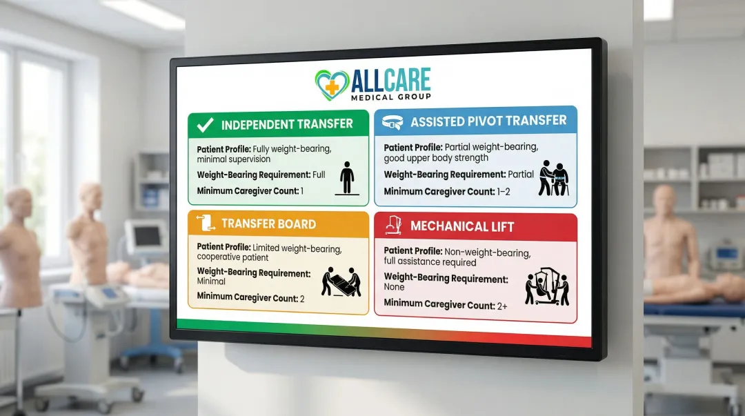 Four patient transfer types comparison chart by weight-bearing ability and equipment needed
