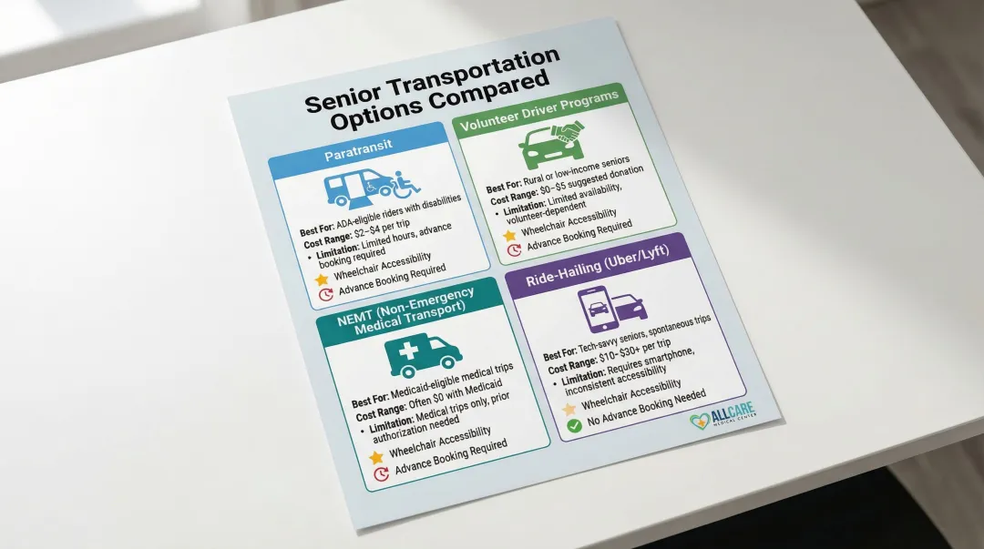 Four senior transportation options comparison chart paratransit NEMT rideshare volunteer