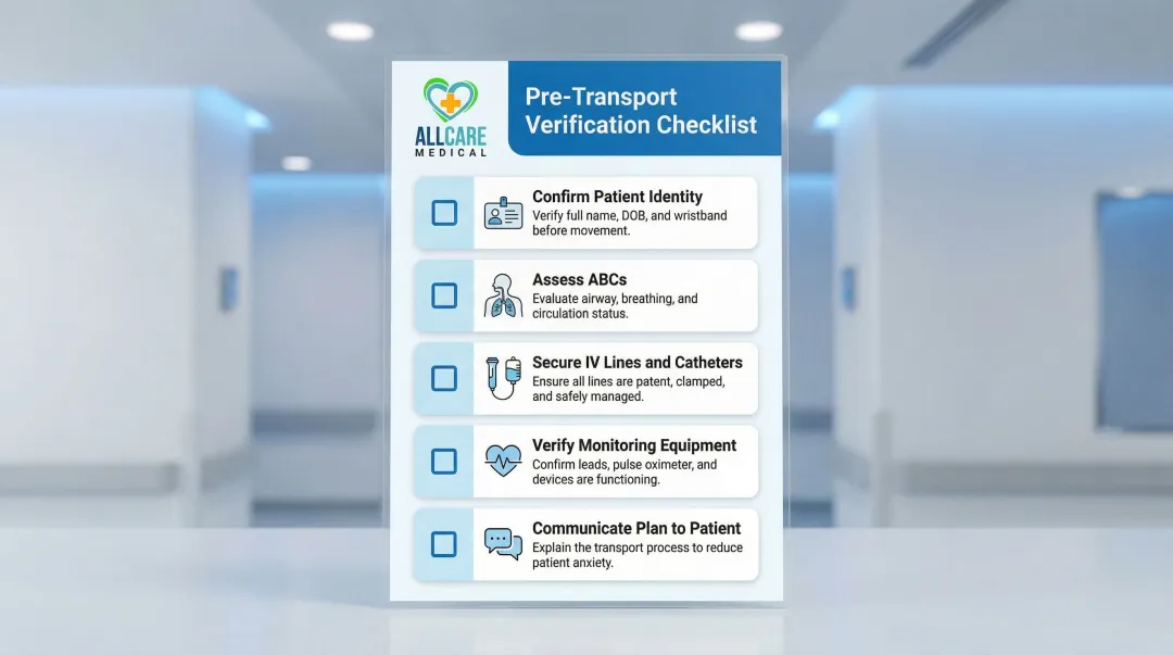 Pre-transport patient stretcher checklist five-step verification process infographic