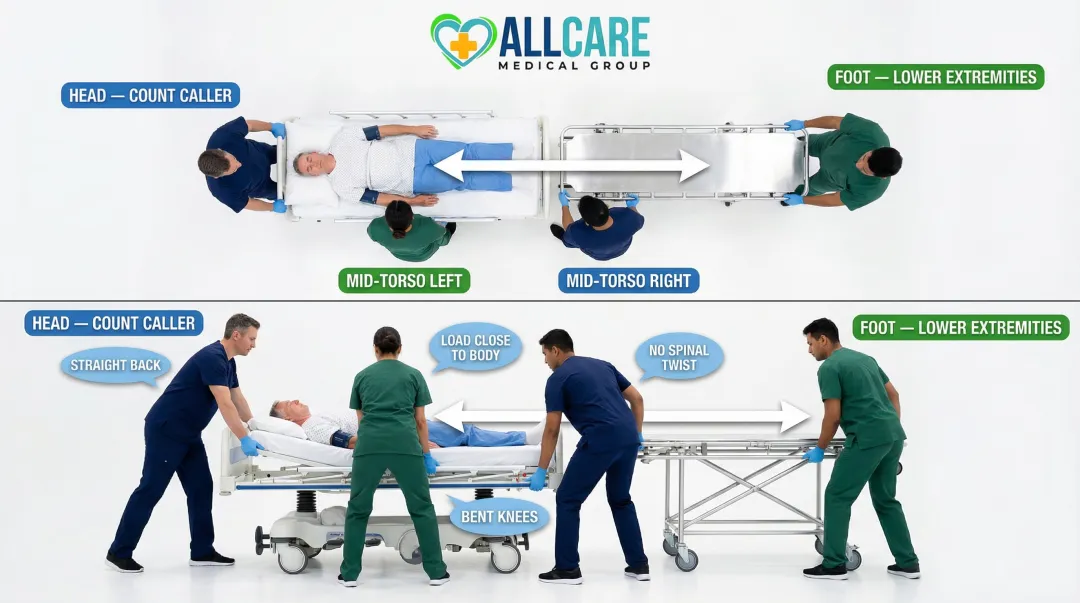 Stretcher patient transfer team positioning roles and body mechanics diagram