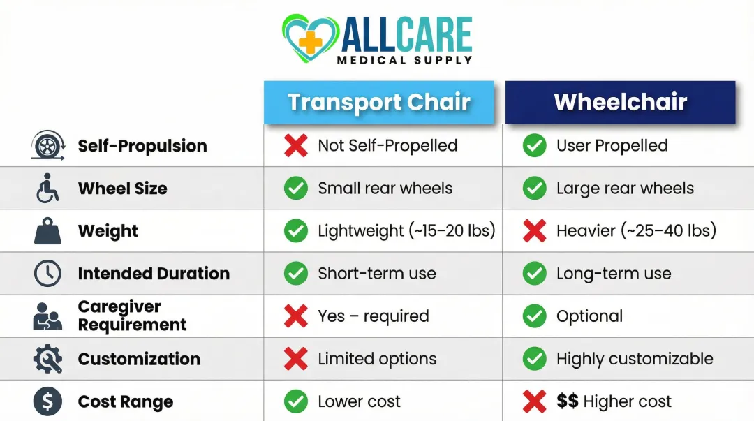 Transport chair versus wheelchair seven-feature side-by-side comparison infographic