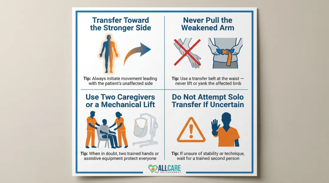Four safe stroke patient physical transfer techniques to prevent injury infographic