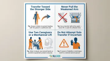 Four safe stroke patient physical transfer techniques to prevent injury infographic