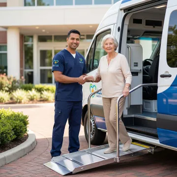 Medical transport specialist assisting elderly patient into wheelchair van
